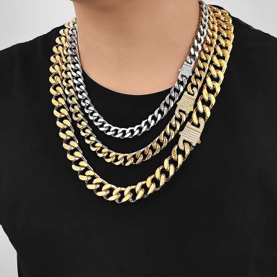 China NUOYA Environmentally Friendly Hip Hop Cuban Curb Link CNC Inlaid Zircon Glazed Clasp 18k Gold Plated Stainless Steel Cuban Chain Necklace for sale