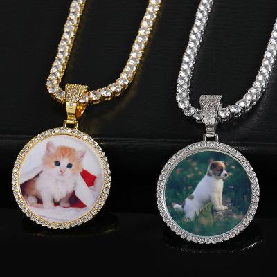 China Custom Environmentally Friendly Statement Memory Photo Necklace Zircon Diamond Hip Hop Round Solid Zircon Pendant for sale