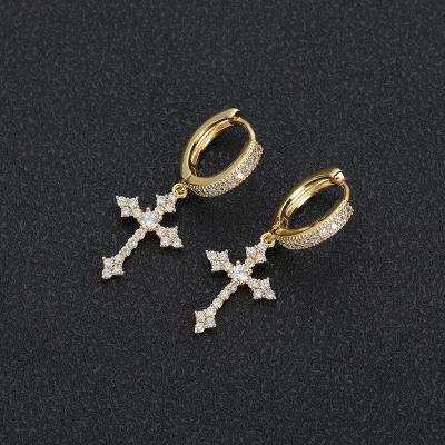 China Hiphop Wholesale Gold Plated Circle Earrings Jewelry Bling CZ Stone Iced Out Diamond Cross Pendant Drop Hoop Earring for sale