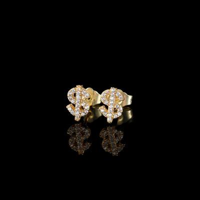 China Hiphop Hip Hop Jewelry Stud Earrings Iced Out Zircon 3A Dollar Sign Gold Plated Stud Earrings For Men for sale