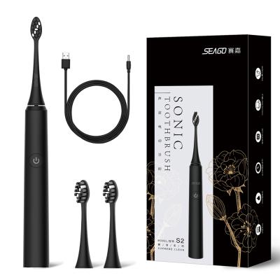 China Rechargeable Ready To Ship SEAGO To Cool Black SG972D With 2 Heads USB Rechargeable Electric Sonic Toothbrush for sale