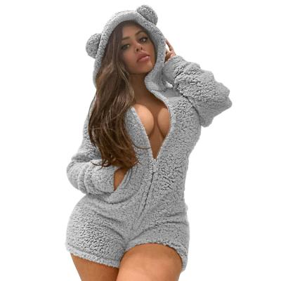 China Wholesale Winter Women's Thermal Apparel Home Use Sexy Thick Velvet Zipper One Piece Ladies Romper Sleepwear Overalls Hooded Pajamas for sale