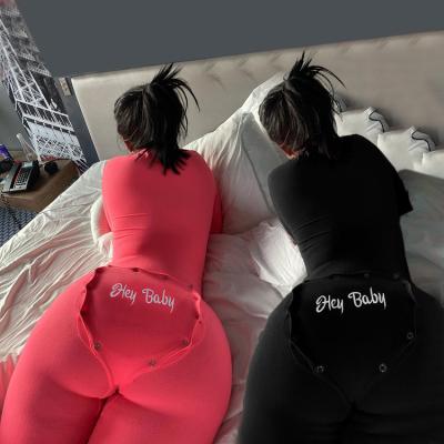 China Latest Winter Women Polyester Fleece Rompers QUICK DRY V-Neck Buttoned One Piece Jumpsuit Jumpsuit Sexy Open Butt Pajamas for sale