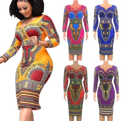 China Beautiful Women's Mid Length Tight Skirt Of V Neck Breathable African Ethnic Three Quarter Dress Sleeves Style for sale