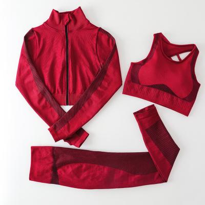 China Wholesale Breathable Sport Clothes Seamless Long Sleeve Zipper Jacket Sports Bra 3PCS Women Active Wear Gym Set Fitness Yoga Sets for sale