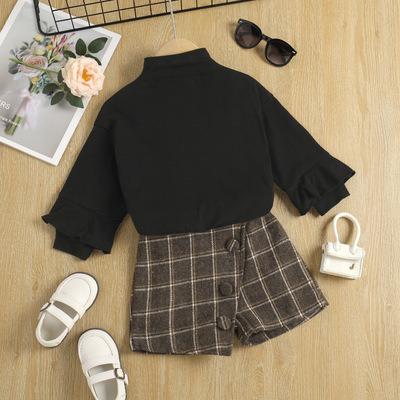 China Black Winter Lolita Style Children's Clothing Girls Two-Piece Puff Sleeve Sweater+Plaid Shorts Skirt Long for sale