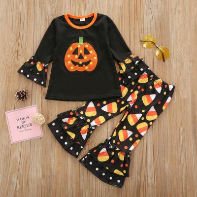 China Wholesale Pumpkin Print Halloween Costume Girls Vintage Factory Halloween Pants Baby Long Sleeve Flare Two-Piece Outfit for sale