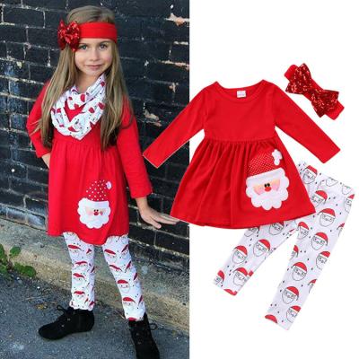 China Christmas Clothes New 2021 Christmas Girl Costume Santa Claus Embroidered Top Pants And Headband Girls Dress Three-Piece Sets for sale