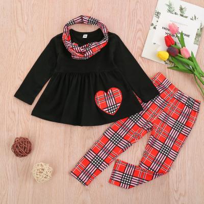 China Three-piece suit long-sleeved babies heart printed patch blouse plaid pants girls suit Valentine's Day TOP street child clothing for sale