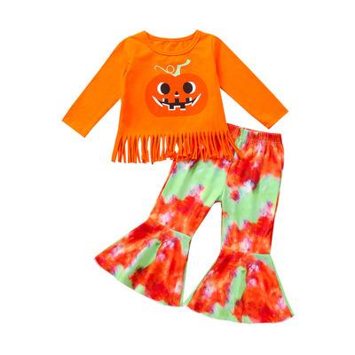 China HIGH Street Kid Sleeves Long Pumpkin Tassel Shirt +Tie Dye Flare Pants Boutique Holiday Dress Girls Two Piece Halloween Clothes for sale