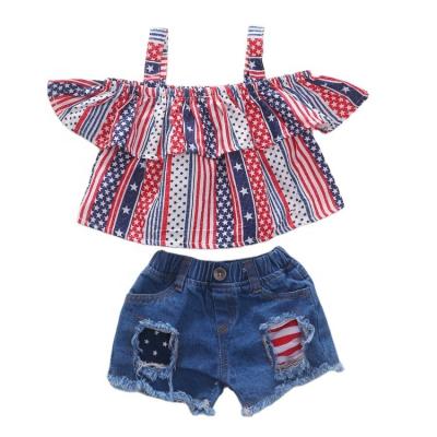 China HIGH STREET Baby Clothes Sets Short Sleeve Off Top + Shoulder Flag Pattern Denim Shorts 2pcs Summer Toddler Fashion Outfit for sale