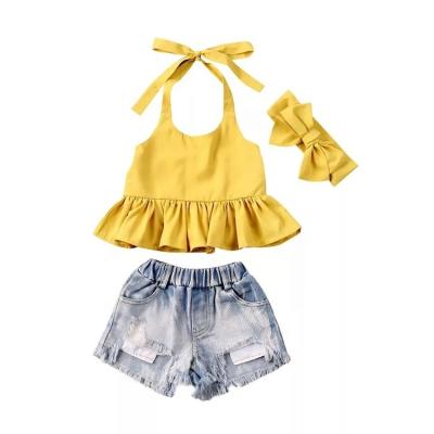 China HIGH STREET Baby 2Pcs Fits Summer Solid Color Strap Ruffle Tops Ripped Denim Shorts Pants Toddler Baby Clothes for sale