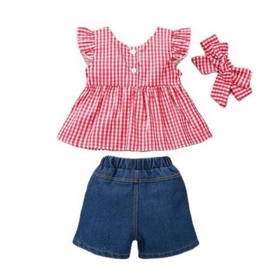 China Wholesale Sweet In Running Babies Ruffle Sleeve Plaid Skirt Ripped Denim Shorts Suit Kids Summer Outfit Suit for sale