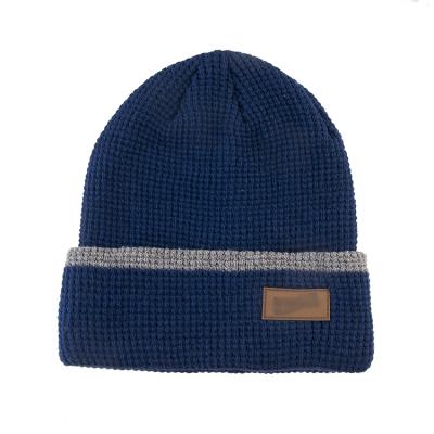 China JOINT Wholesale High Quality Blue Waffle Knit Beanie Double Cuff Hat With Leather Label Logo for sale