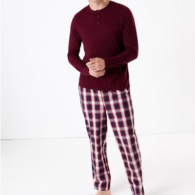 China OEM QUICK DRY Pure Cotton Brown Long Sleeve Match Plaid Pants Men Pajamas With Button Pockets Mens Sleepwear Cotton Plaid Longewear For Man for sale