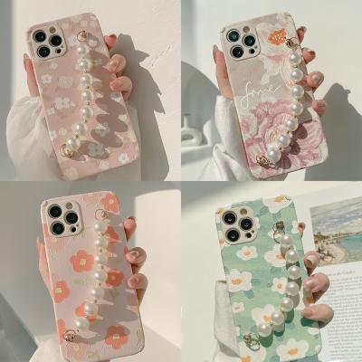 China Central Statistical Goddess Oil Painting Bead Chain Silicon Floral Shockproof Mobile Phone Case For iPhone XR XsMax 8Plus 11 12 13 13 pro Max Cover for sale