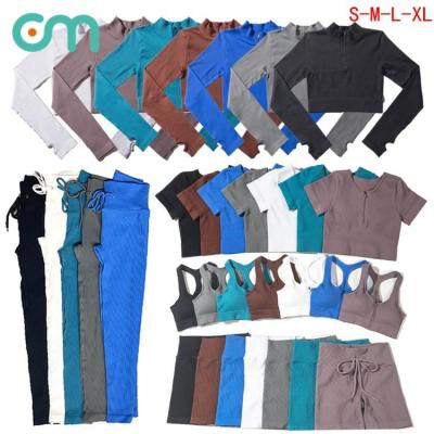 China New Fashion Breathable 5 PCS Sports Yoga Shorts Sleeve Set Women's Seamless Pull Rope Fitness Yoga Suit for sale