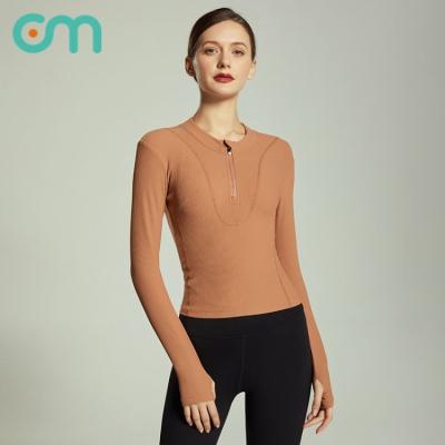 China Autumn/Winter New Breathable Ribbed Fitness Use Tight Blazer Women's Half Zipper Long Sleeve Yoga Running Quick Dry T-Shirt for sale