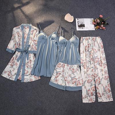 China Wholesale QUICK DRY Women Printed Pajamas Suit Spring Sexy Bride With Breast Pad Nightgown 5 Pieces Silk Pajamas for sale