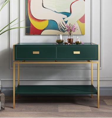 China (Other) adjustable modern luxury green leather console table with drawers gold stainless steel frame for living room furniture for sale