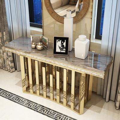 China Convertible marble top console table with shell decoration gold stainless steel frame for living room dining room furniture for sale