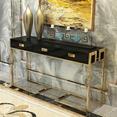 China Stainless Steel Convertible Modern Luxury Golden Wall Table Narrow Living Room Console Cabinet Furniture for sale