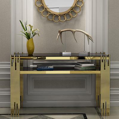 China Luxury Convertible Corridor Glass Gold Low Corner Stainless Steel Top Living Room Console Table Decorative Furniture for sale