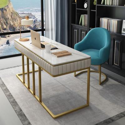 China Gold Metal Leg Computer Desk Foldable Luxury Modern Leather Marble Top Table With Drawer For Home Office Furniture for sale