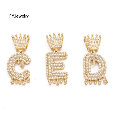 China Hiphop Iced Out Initial Charm Pendant Custom Jewelry Gold Letter Gold Letter Water Drip Crown Gifts for sale