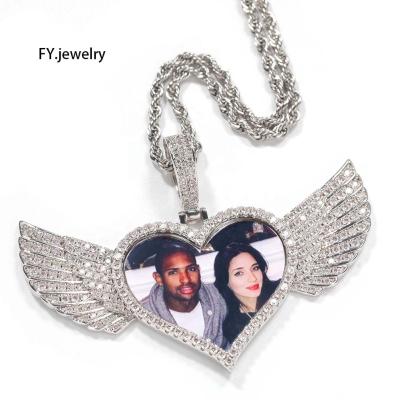 China Hiphop Hip Hop CZ Heart Wings Memory Photo Picture Pendant Necklace Custom Jewelry for sale