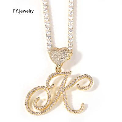 China Hiphop Crochet Cursive Letter CZ Necklace Women Letters Pendants A-Z Alphabet Initial Heart for sale