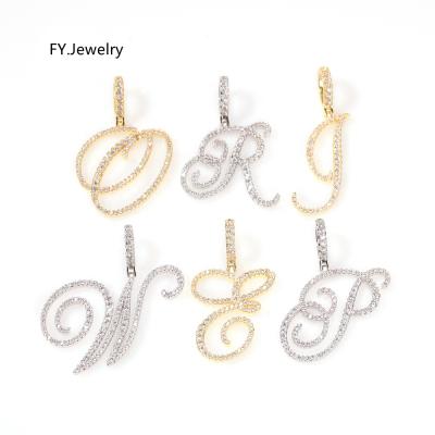 China New Hiphop Iced Out Cubic Zircon Gold Silver Color Alphabet Pendant Cursive Letter Necklace Charm Hip Hop Jewelry for sale