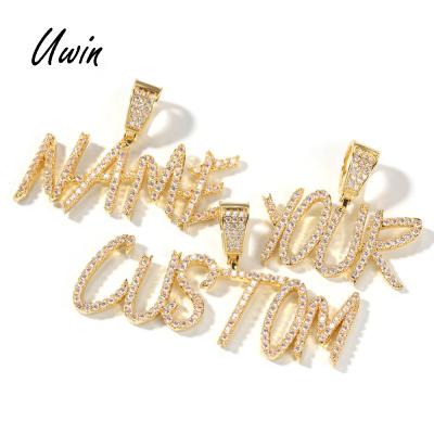 China Custom Hiphop Hip Hop CZ Letter Name Cursive Pendant With Necklace Bling Bing Women Men Rapper JewelryHot Sale Products for sale