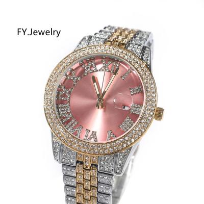 China Iced Pale Pink Day/Date 2022 Women Watches Bling Watch With Purple Dial Bling Bling Hip Hop Watches for sale