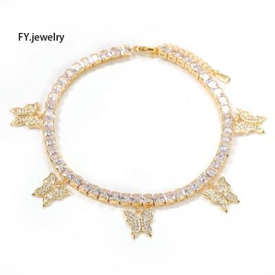 China New Arrival Hiphop Woman Butterfly CZ Tennis Anklet Bling Iced Out Female Hitter Anklets Jewelry for sale