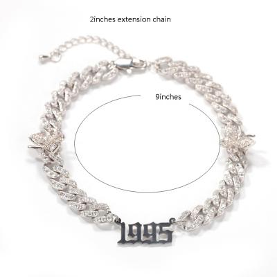 China New Custom Hiphop Zodiac Zodiac Birth Year Nameplate CZ Cuban Link Anklet Women Anklets Striker Foot Jewelry for sale