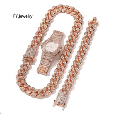 China High Quality Trendy Hiphop 20mm Rose Gold Miami Cuban Link Necklace and Bracelet Chain Sets Iced Out Silver Bling Watch Jewelry Men for sale