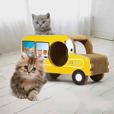 China Sustainable Yellow Car Shape Cat House Scratcher Corrugated Cardboard Wooden Paper Toys for sale