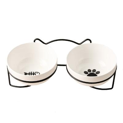 China Cheap Personalized Slow Sustainable Consumption Ceramics Dog Pet Round Double Bowl for sale