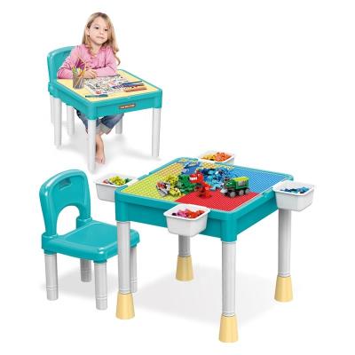 China Intelligence Development Kids Education Compatible Building Blocks Activity Toy Table Chair Set with Storage Box for sale