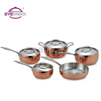 China Sustainable hot sale cookware with molded stainless steel handle and triple knob copper cookware set for sale