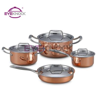 China Sustainable high quality cookware with molded stainless steel handle and triple knob copper cookware set for sale