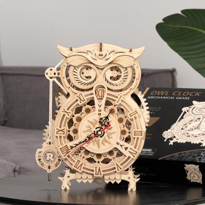 China Eco-friendly Wooden Mechanical Model Laser Cut Robotime 3d Puzzle Owl Clock DIY Kits For Adults for sale