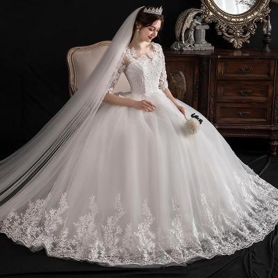 China Plus Size Autumn And Spring Women One-shoulder Sleeve Dreamy Slim Lace Bridal Wedding Dress for sale