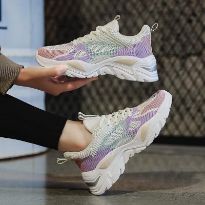 China Ladies Sports Shoes Mesh Patchwork Breathable Casual Flat Fashion Trend Around Toe Lace Up Leisure Comfortable Sneakers for sale