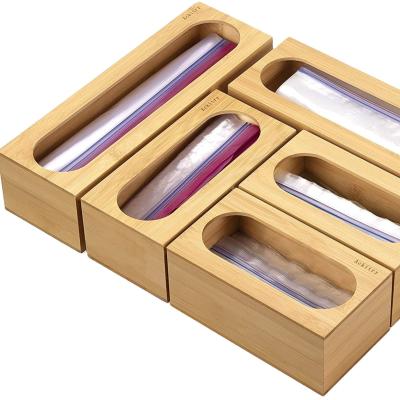 China Sustainable Bamboo Dispenser Wooden Food Bag Storage Compatible Organizer For Kitchen Drawer for sale