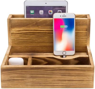 China Adjustable Rustic Wood Smartphone Tabletop Cradle Valet Burnt Charging Station for sale