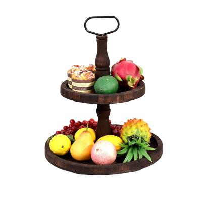 China Vintage Regular Two Tiered Wooden Food Presentation Serving Tray With Round Metal Handle for sale