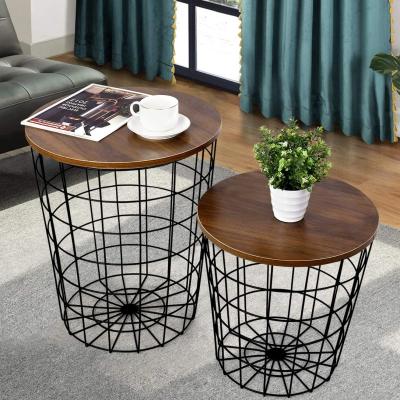 China Modern Adjustable (Height) Nesting Removable Wooden Coffee Table End Table With Metal Basket for sale