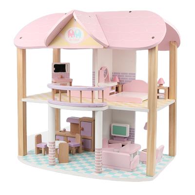 China Eco-friendly Material Pretend Toy Kids Wooden Doll Villa With Doll Room Furniture Dollhouse for sale